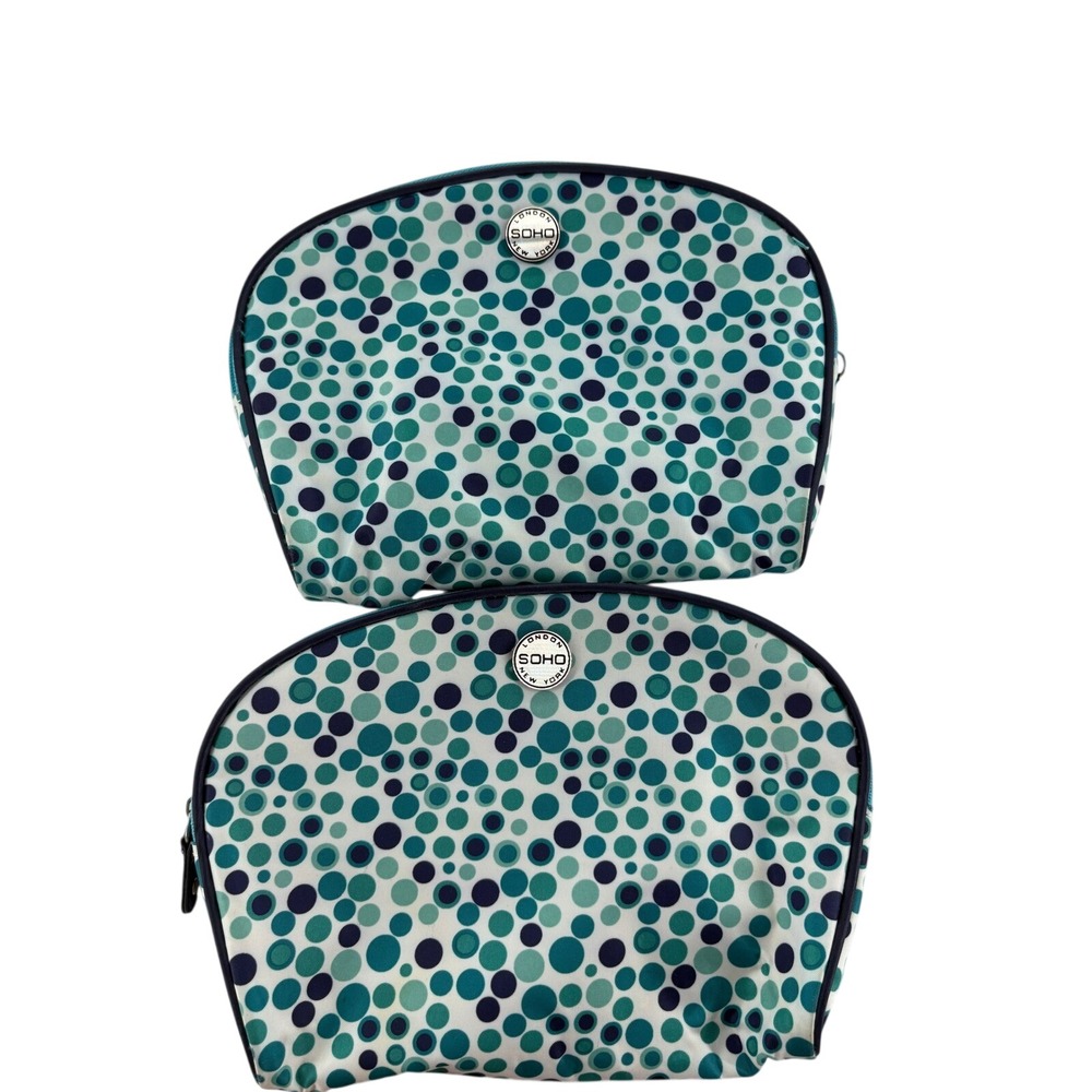 London Soho New York Cosmetic Bag Womens OS Makeup Pouch Teal Polka Dot 2pc Set